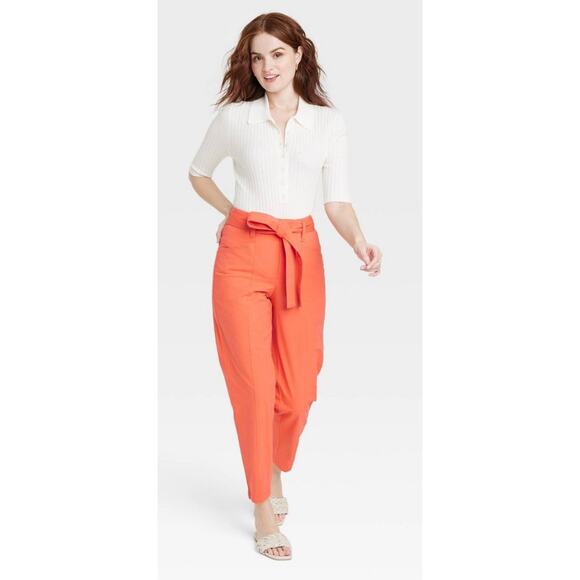 A NEW DAY Womens Pants Size 4 High Rise Tapered Ankle Tie-Front Orange Summer - Picture 1 of 12